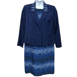 Drapers & Damons Dress Jacket‎ Set Womens 16 Blue Floral 2 Pc Outfit Embroidered